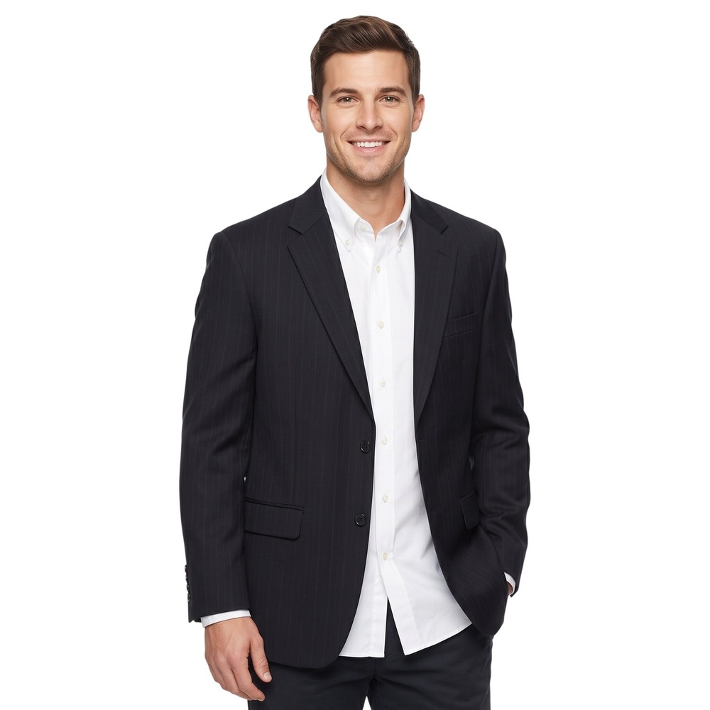 Andrew Fezza Mens 42L Pinstripe Worsted Wool 2-Button Blazer Navy Blue Jacket